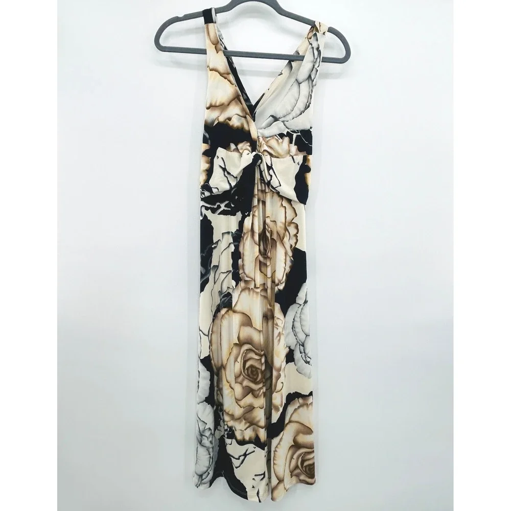 Newport News Halter Maxi Dress L Floral Beige Black‎ Stretch Boho Coastal Chic - Picture 2 of 10